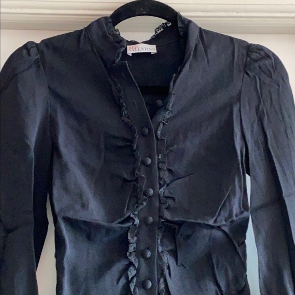 RED Valentino Black Ruffle Button-Up Blouse